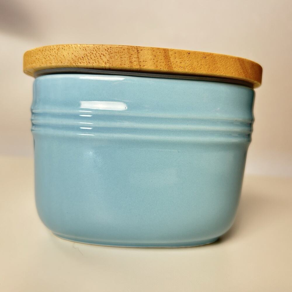 Large DOWAN Ceramic Butter Dish Wood Lid Turquoise 6.5" x 3.5" Classic Simple - Picture 3 of 11